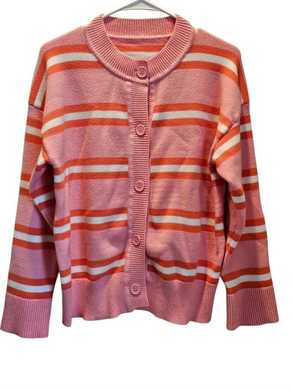 Pink Striped Button-Front Women's Sweater Cardigan Large